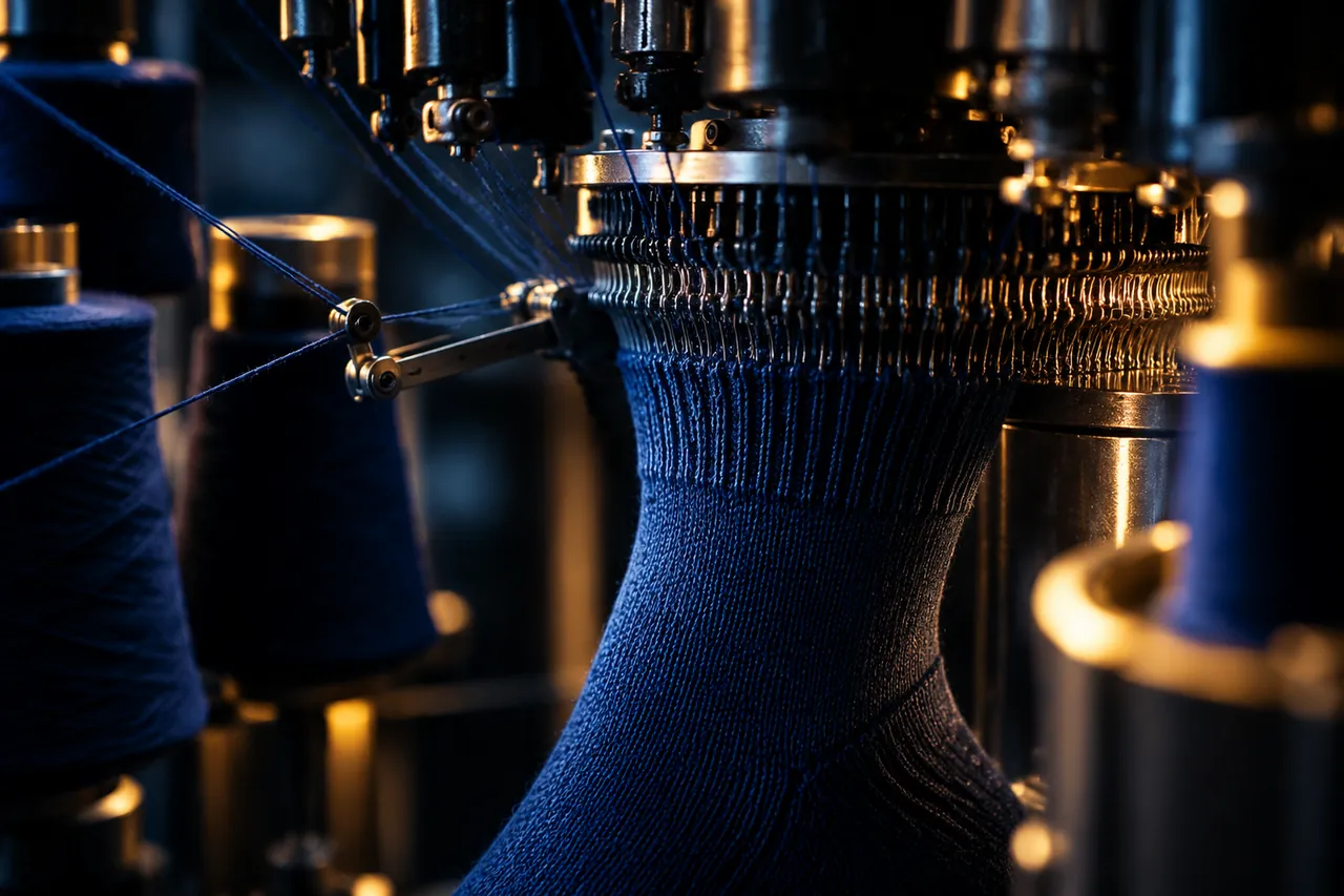 Precision knitting machine weaving a navy custom sock with warm amber lighting