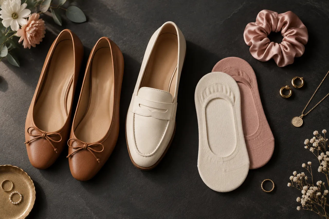 Women's styling scene with ballet flats, loafers, and no-show liner socks