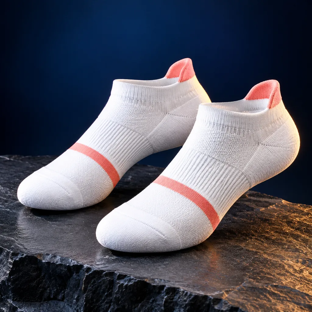 Women's sporty ankle socks in white with coral stripe and heel tab