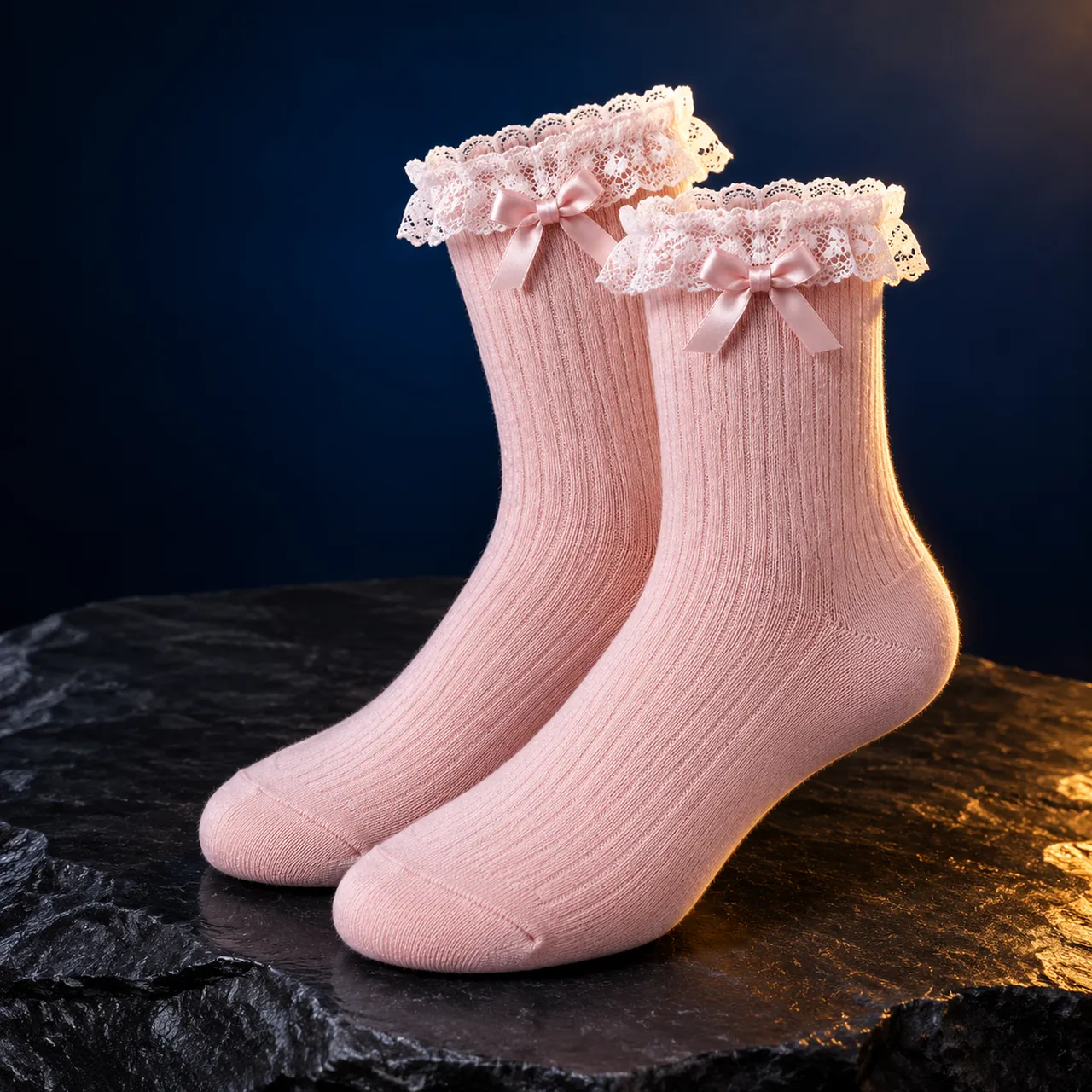 Women's powder pink crew socks with satin bow and lace trim