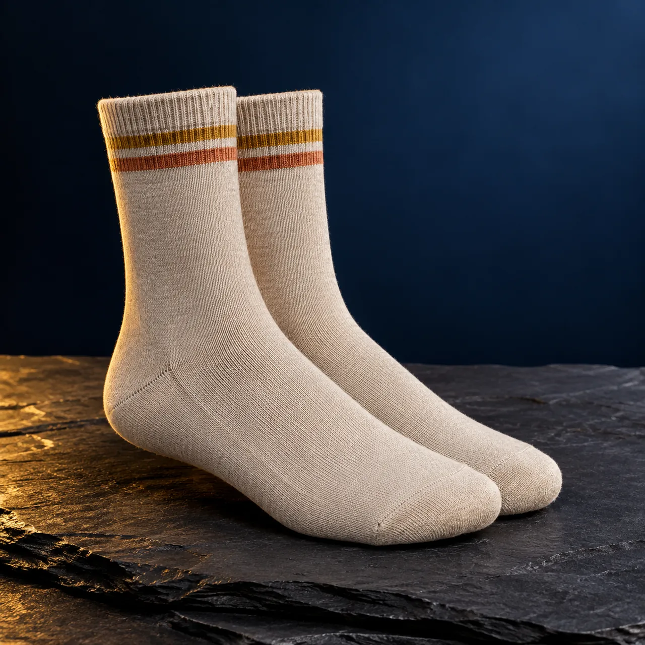 Women's everyday crew socks in oatmeal with mustard and terracotta stripes
