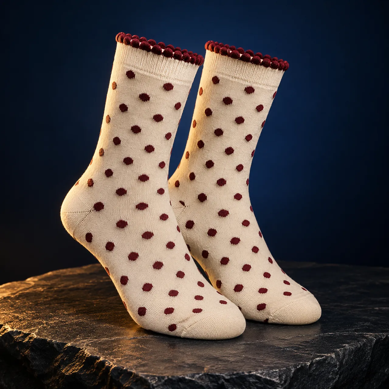 Women's retro polka-dot crew socks in cream and burgundy