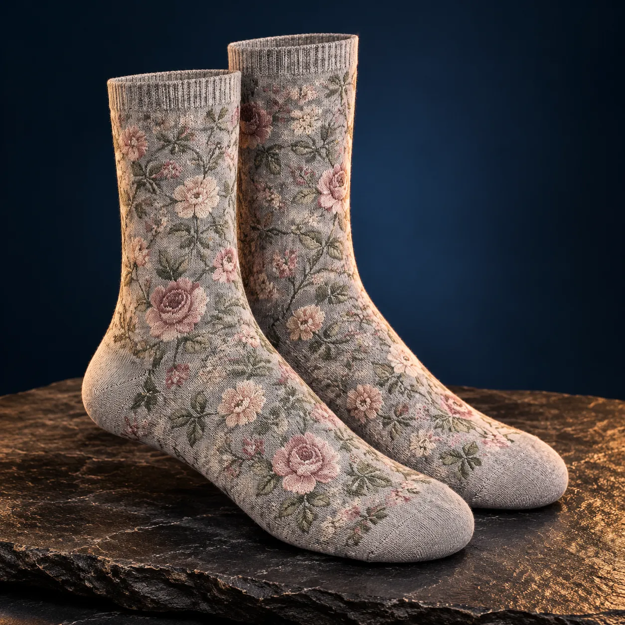 Women's floral jacquard crew socks in dusty rose and sage