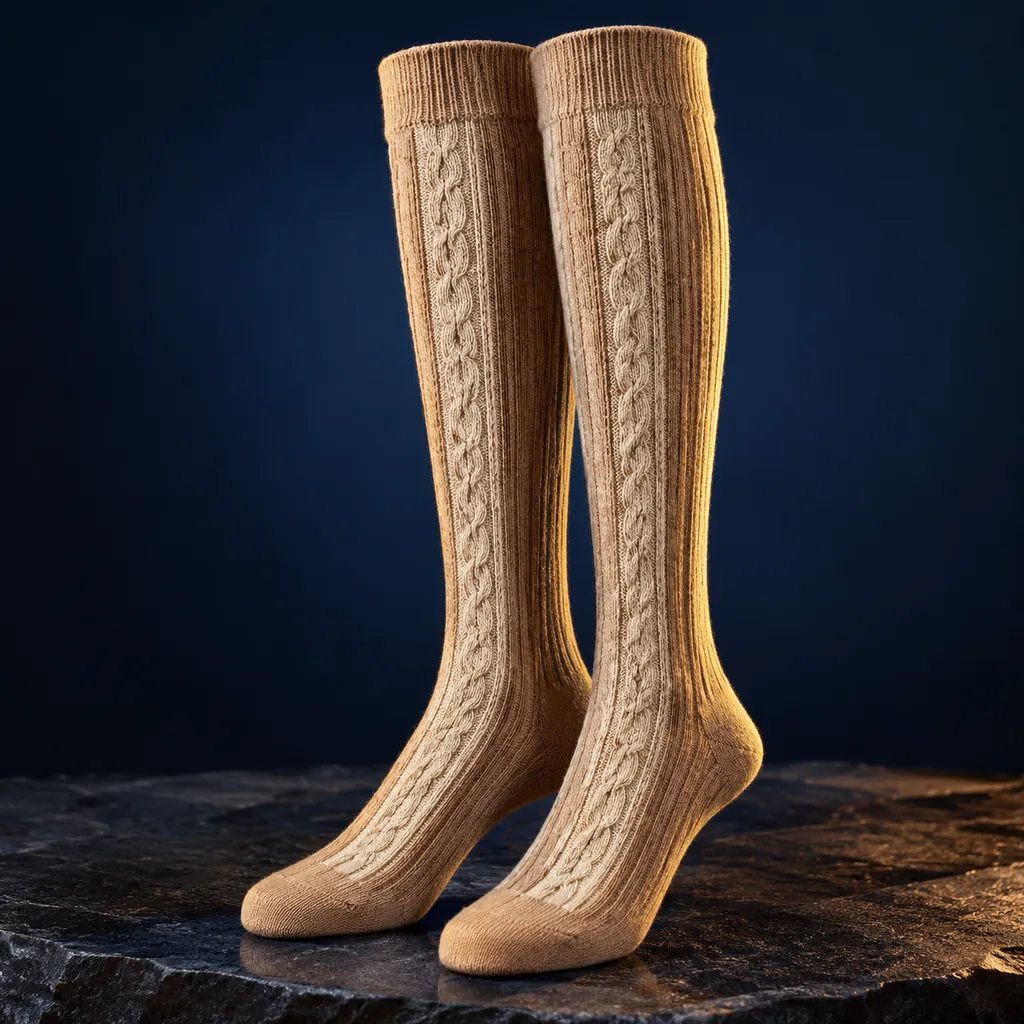 Women's camel knee-high ribbed socks with cable detail