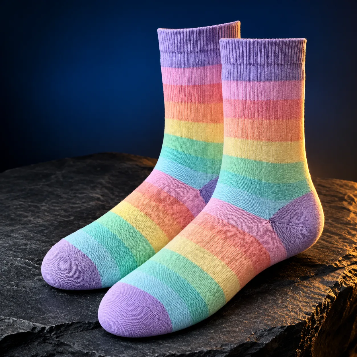 Women's rainbow striped crew socks with graduated pastel stripes