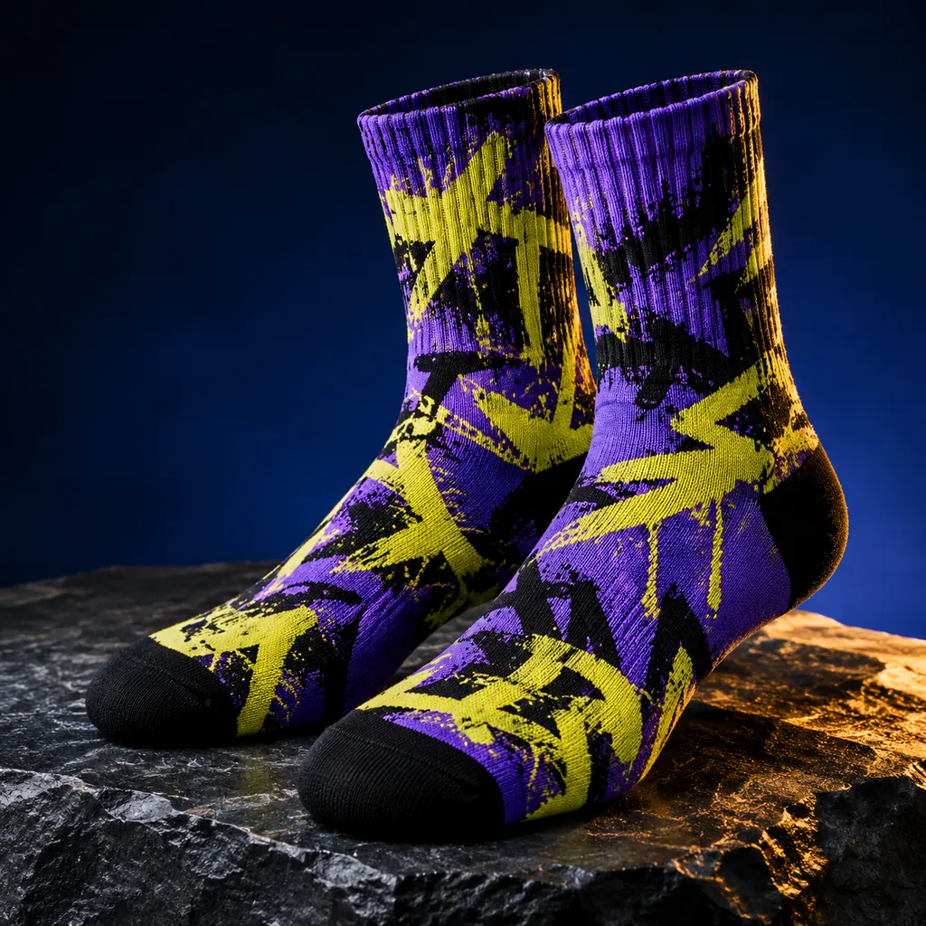 Bold women's streetwear crew socks with graffiti print in violet and yellow